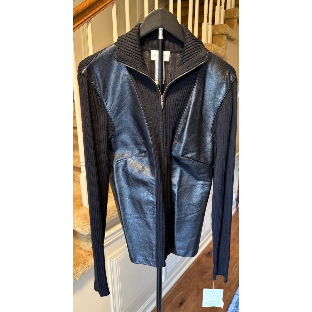 Liz Claiborne Black Ribbed Knit Leather Panel Zip Front Cardigan Sweater Large